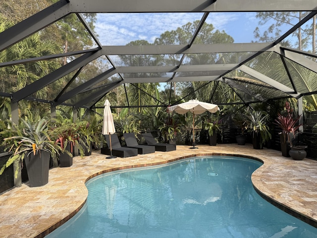 view of swimming pool with a patio and glass enclosure