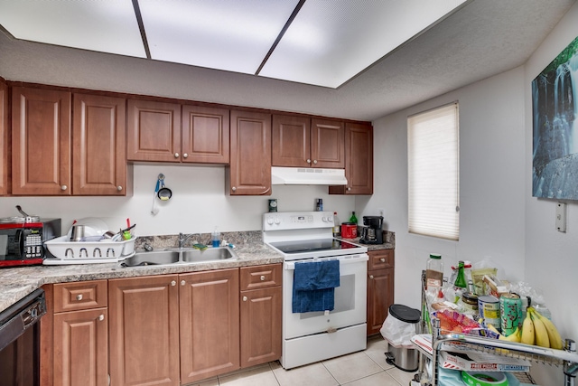 kitchen featuring sink, light tile patterned floors, dishwasher, and white electric stove