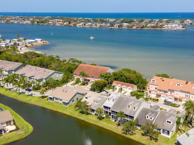 drone / aerial view featuring a water view