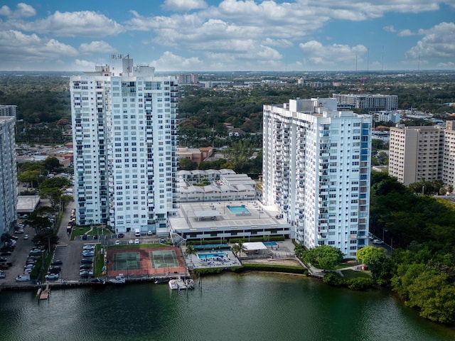 drone / aerial view with a water view