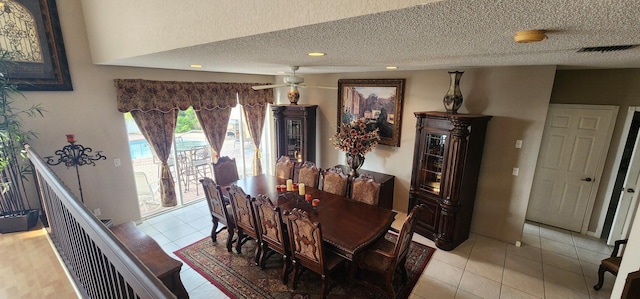 dining area with recessed lighting, light tile patterned floors, ceiling fan, visible vents, and a textured ceiling