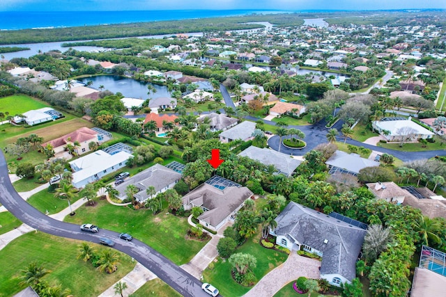 drone / aerial view featuring a water view