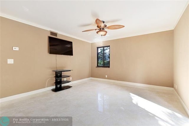 unfurnished living room with ornamental molding, visible vents, and baseboards