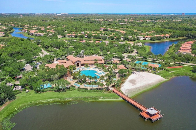 birds eye view of property featuring a water view