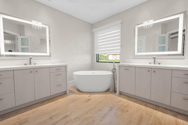 bathroom with wood-type flooring, vanity, and a washtub