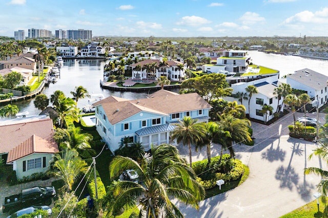 bird's eye view with a water view