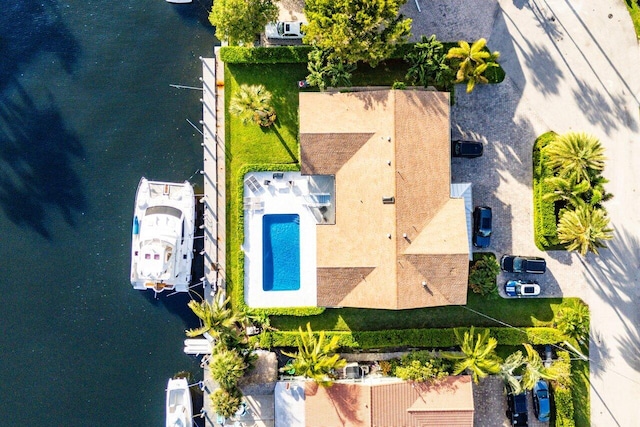 drone / aerial view with a water view