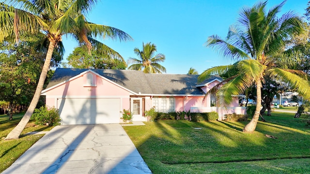 view of front of property featuring a front lawn and a garage