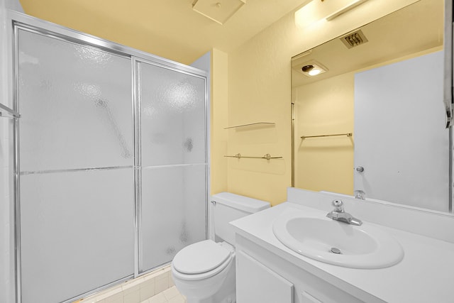 bathroom with visible vents, a stall shower, toilet, and vanity