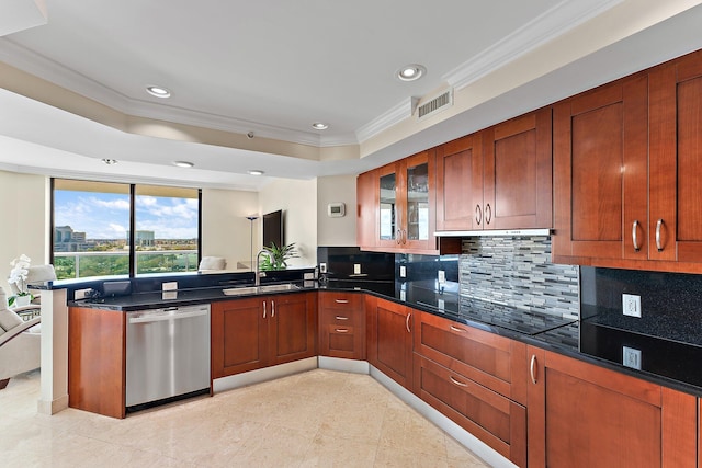 kitchen featuring stainless steel dishwasher, a tray ceiling, kitchen peninsula, and sink