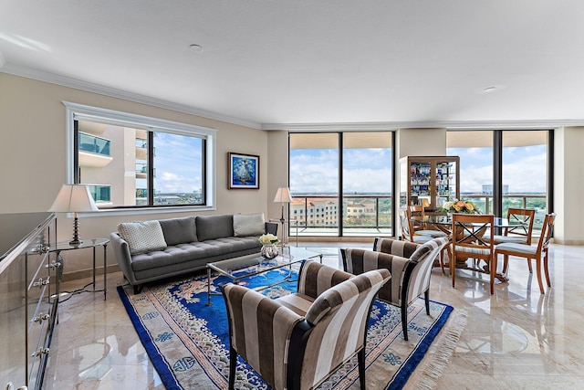 living room with expansive windows and ornamental molding