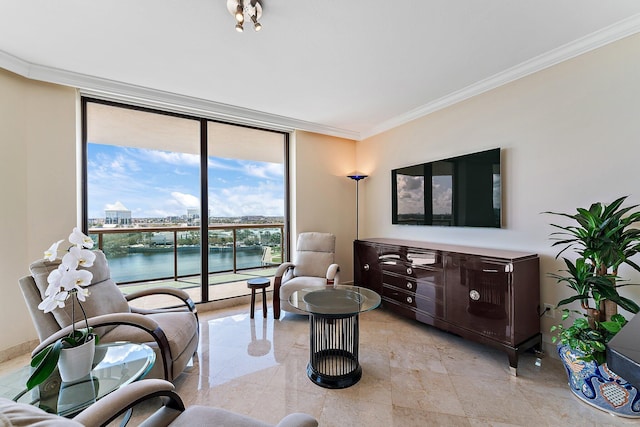 living room featuring ornamental molding and floor to ceiling windows