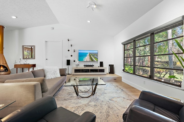 living room with light hardwood / wood-style flooring, a wealth of natural light, vaulted ceiling, and a textured ceiling