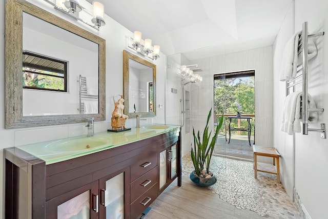 bathroom with vanity and hardwood / wood-style flooring