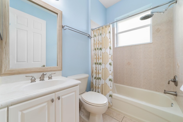 full bathroom featuring toilet, vanity, tile patterned floors, and shower / bath combination with curtain