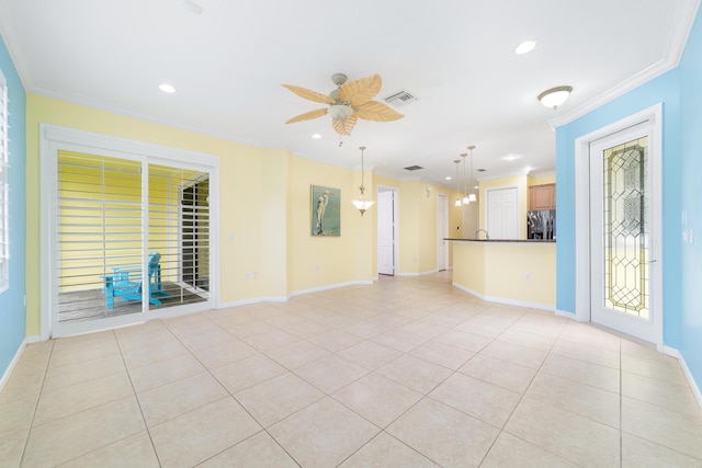 unfurnished living room featuring light tile patterned floors, ornamental molding, and ceiling fan with notable chandelier