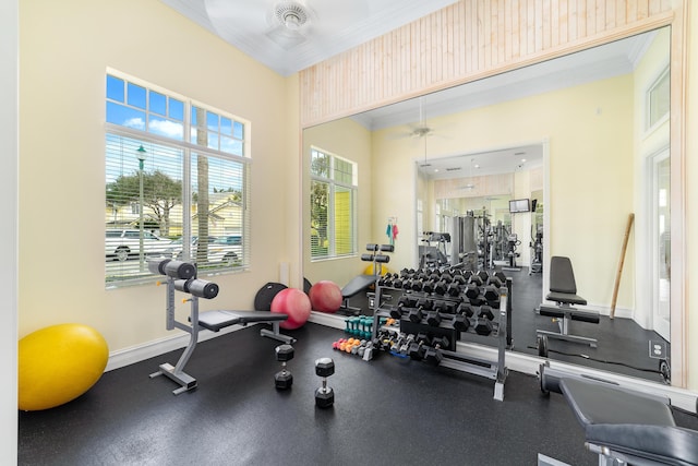 workout area featuring ceiling fan and crown molding