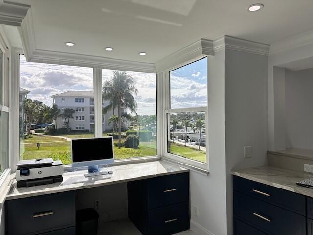 home office featuring baseboards, recessed lighting, and crown molding