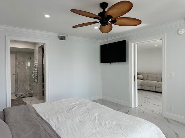 bedroom featuring baseboards, visible vents, marble finish floor, crown molding, and recessed lighting