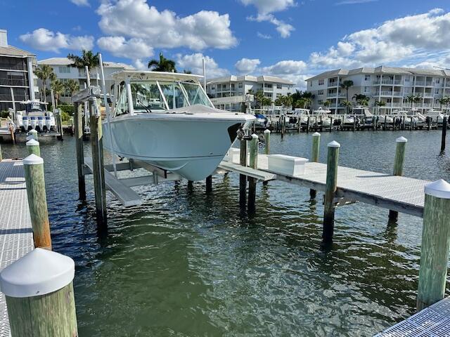 dock area featuring a water view and boat lift