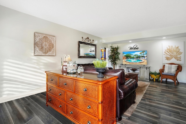 living room with dark hardwood / wood-style floors