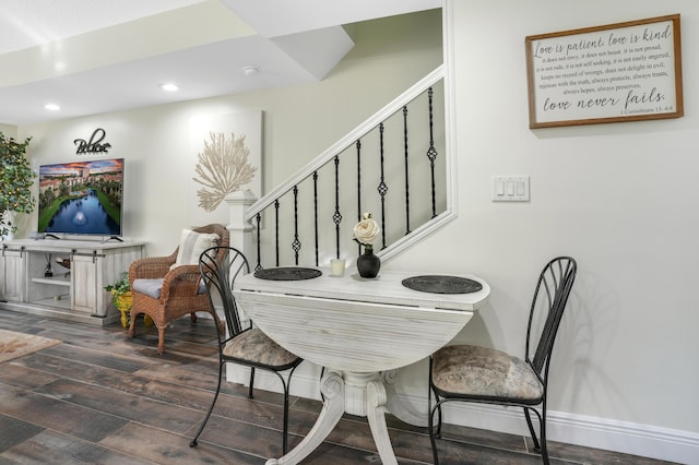 dining space with recessed lighting, stairs, and dark wood finished floors