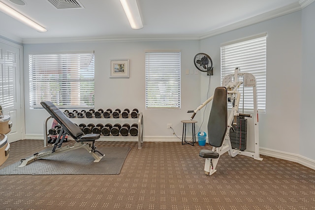 exercise room with visible vents, carpet flooring, baseboards, and ornamental molding