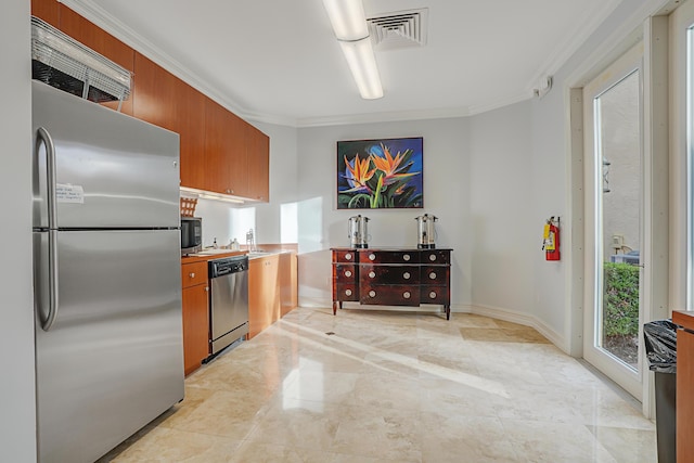 kitchen with crown molding, brown cabinetry, marble finish floor, stainless steel appliances, and visible vents