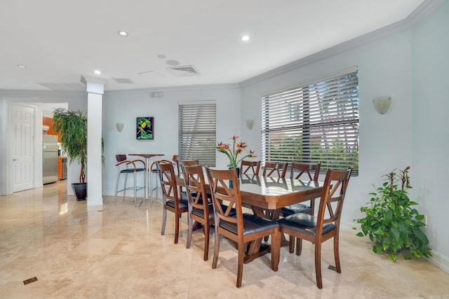 dining area featuring recessed lighting, marble finish floor, visible vents, ornamental molding, and baseboards