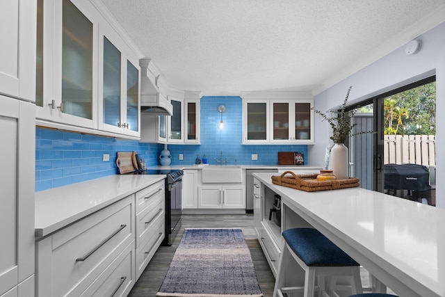 kitchen with sink, range with electric stovetop, white cabinetry, wall chimney range hood, and tasteful backsplash