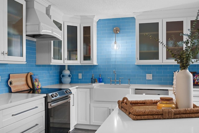 kitchen featuring sink, decorative light fixtures, white cabinets, premium range hood, and appliances with stainless steel finishes