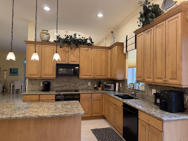 kitchen with light tile patterned flooring, hanging light fixtures, stone counters, black appliances, and sink