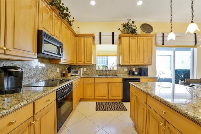 kitchen with backsplash, crown molding, black appliances, and hanging light fixtures