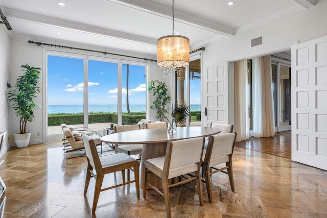 dining room featuring a water view, beam ceiling, and crown molding