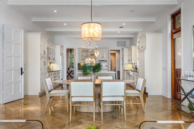 dining room featuring an inviting chandelier, crown molding, and beam ceiling