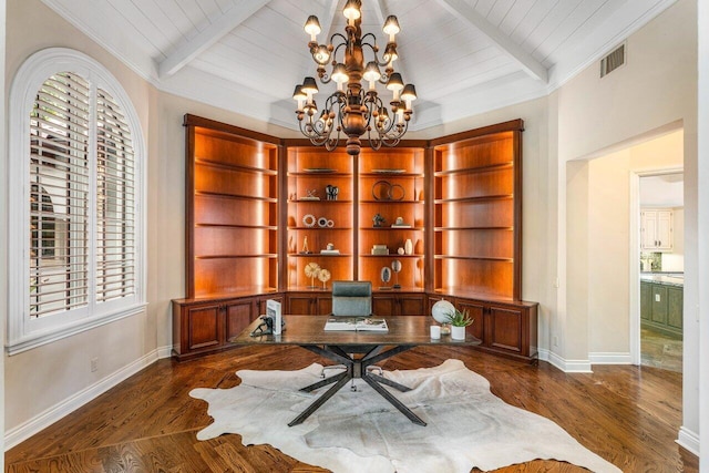 office with beamed ceiling, dark hardwood / wood-style floors, and a notable chandelier