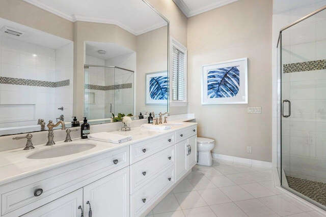 bathroom with ornamental molding, an enclosed shower, and toilet