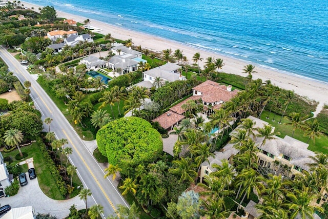 aerial view featuring a water view and a view of the beach