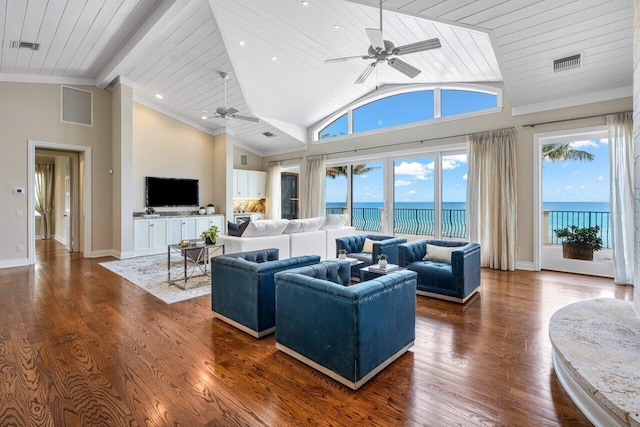 living room featuring high vaulted ceiling, dark hardwood / wood-style floors, wooden ceiling, and ceiling fan