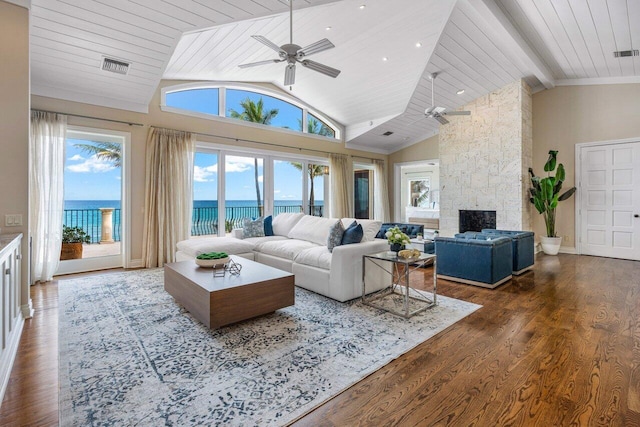 living room with a water view, dark hardwood / wood-style floors, a wealth of natural light, and a fireplace