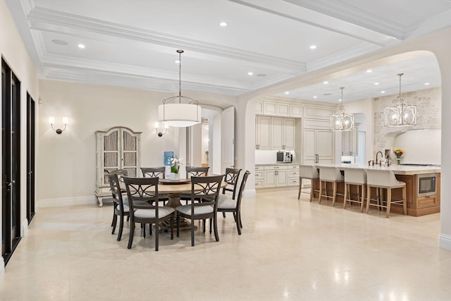 dining room with ornamental molding, a chandelier, and beamed ceiling