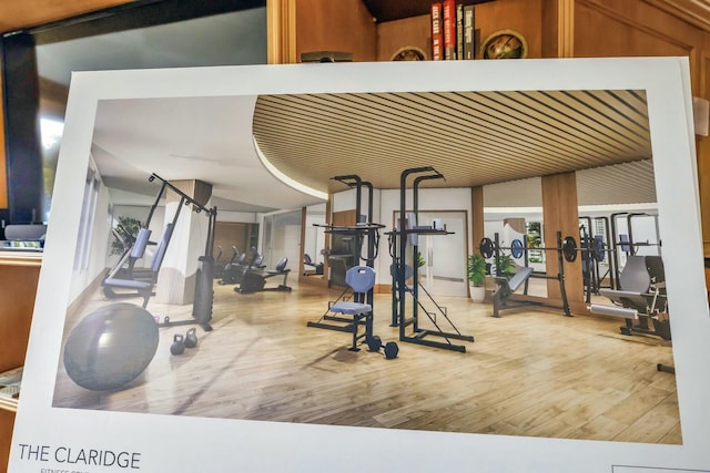 exercise room featuring light wood-type flooring