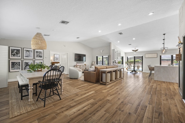 living room with a textured ceiling, vaulted ceiling, and a healthy amount of sunlight