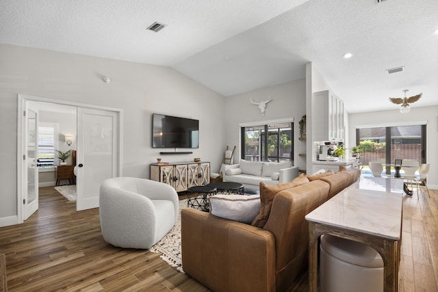 living room with lofted ceiling, a textured ceiling, and dark hardwood / wood-style flooring