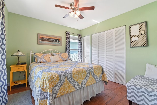 bedroom with ceiling fan, multiple closets, and dark hardwood / wood-style flooring