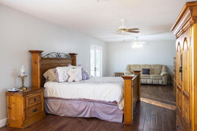 bedroom featuring ceiling fan and dark wood-type flooring