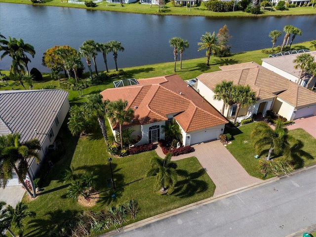 drone / aerial view featuring a water view