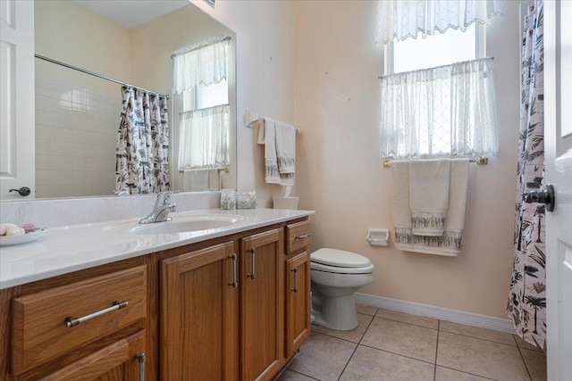 bathroom with toilet, tile patterned floors, and vanity