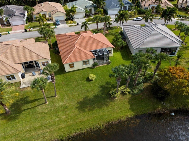 aerial view featuring a water view