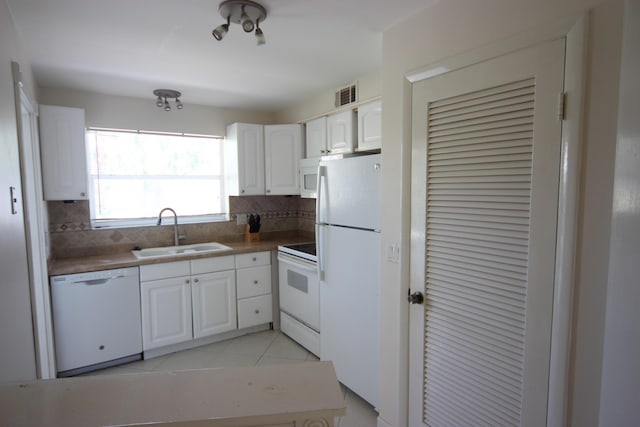 kitchen featuring tasteful backsplash, sink, white appliances, and white cabinets